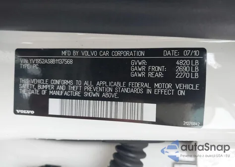 2011 Volvo S80 3.2 из США, поврежденный, VIN YV1952AS8B1137568